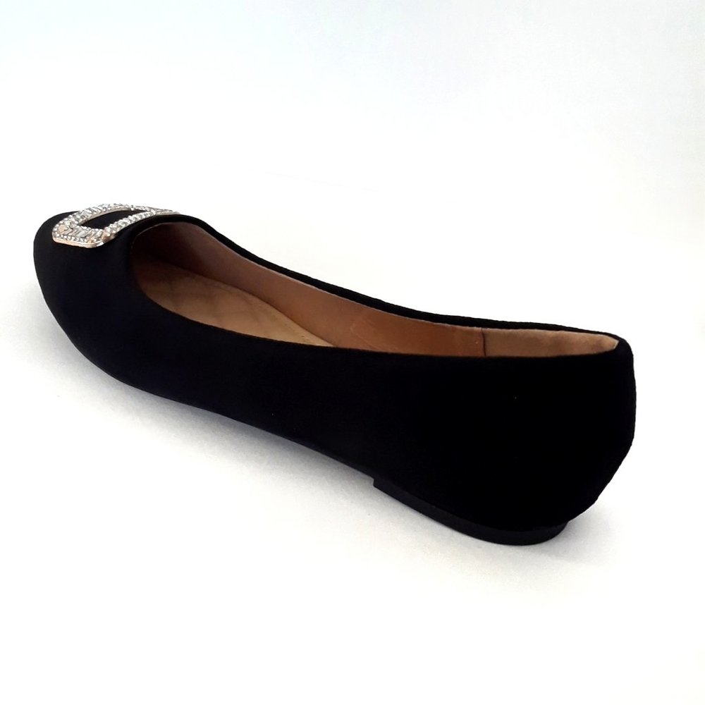 Black Velvet Rhinestone Buckle Pointed Toe Ballet Flats - Picture 7 of 15